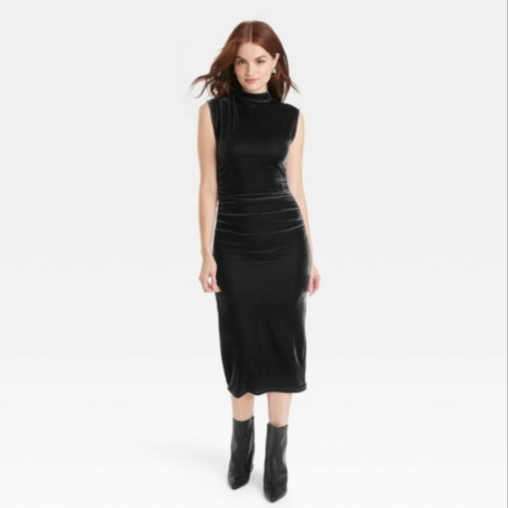 A New Day Velour Form Fitting Midi Dress with Ruching Gray Black Size Large
